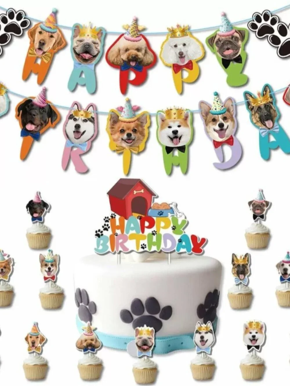 Dog Birthday Letter Banner & Cupcake Toppers Set – Pet Party Decorations